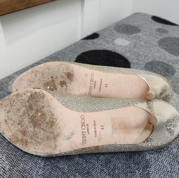 Jimmy Choo Peep Toe Metallic Heels - 41 - Picture 12 of 15